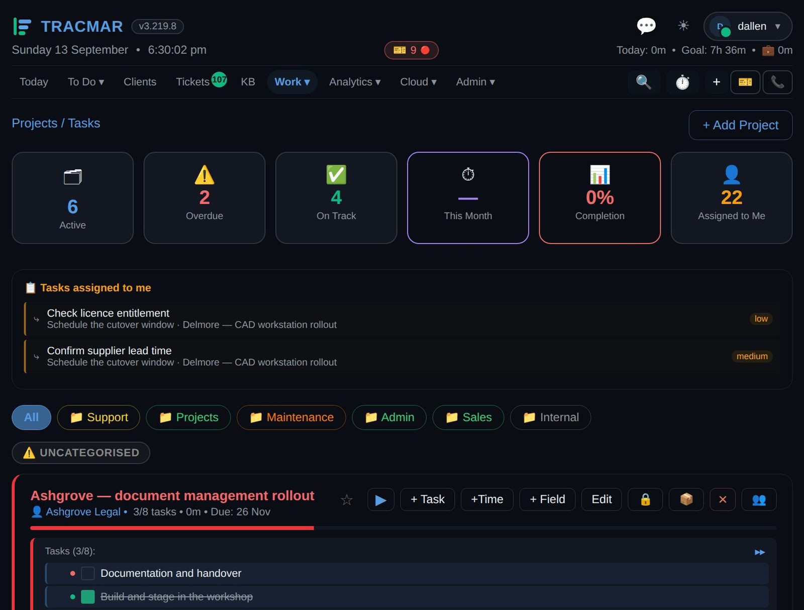 Tracmar Projects screen with project counts, assigned tasks and a project task list (demo data)